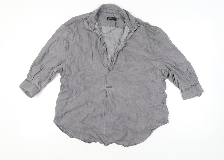 Zara Women Grey Lyocell Button-Up Shirt XL 3/4 Sleeve Casual