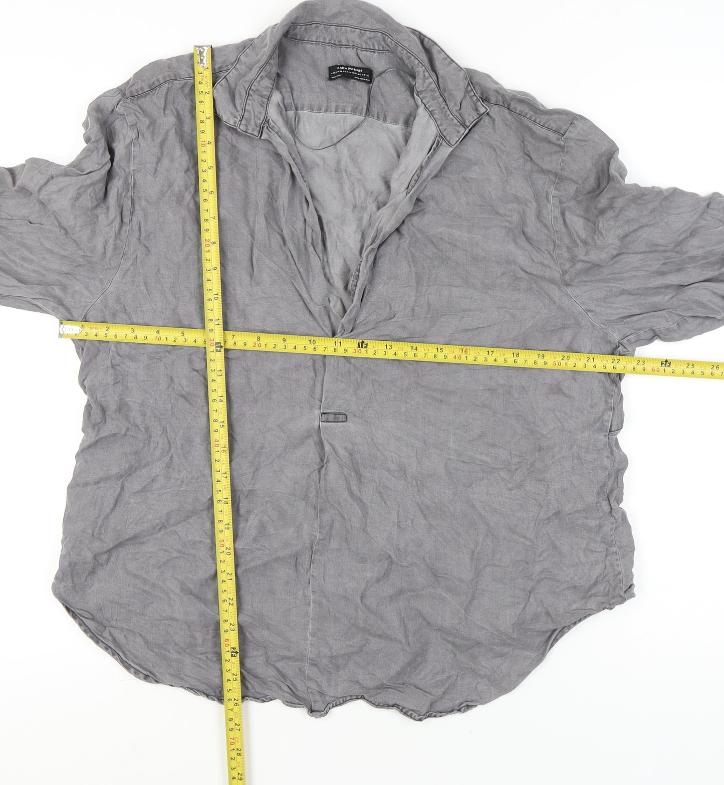 Zara Women Grey Lyocell Button-Up Shirt XL 3/4 Sleeve Casual