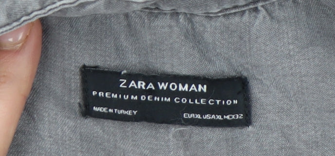 Zara Women Grey Lyocell Button-Up Shirt XL 3/4 Sleeve Casual
