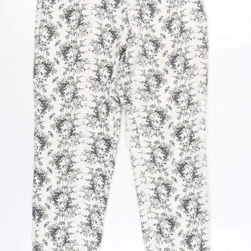 H&M Women's White Floral Slim Fit Cotton Blend Trousers Size 6