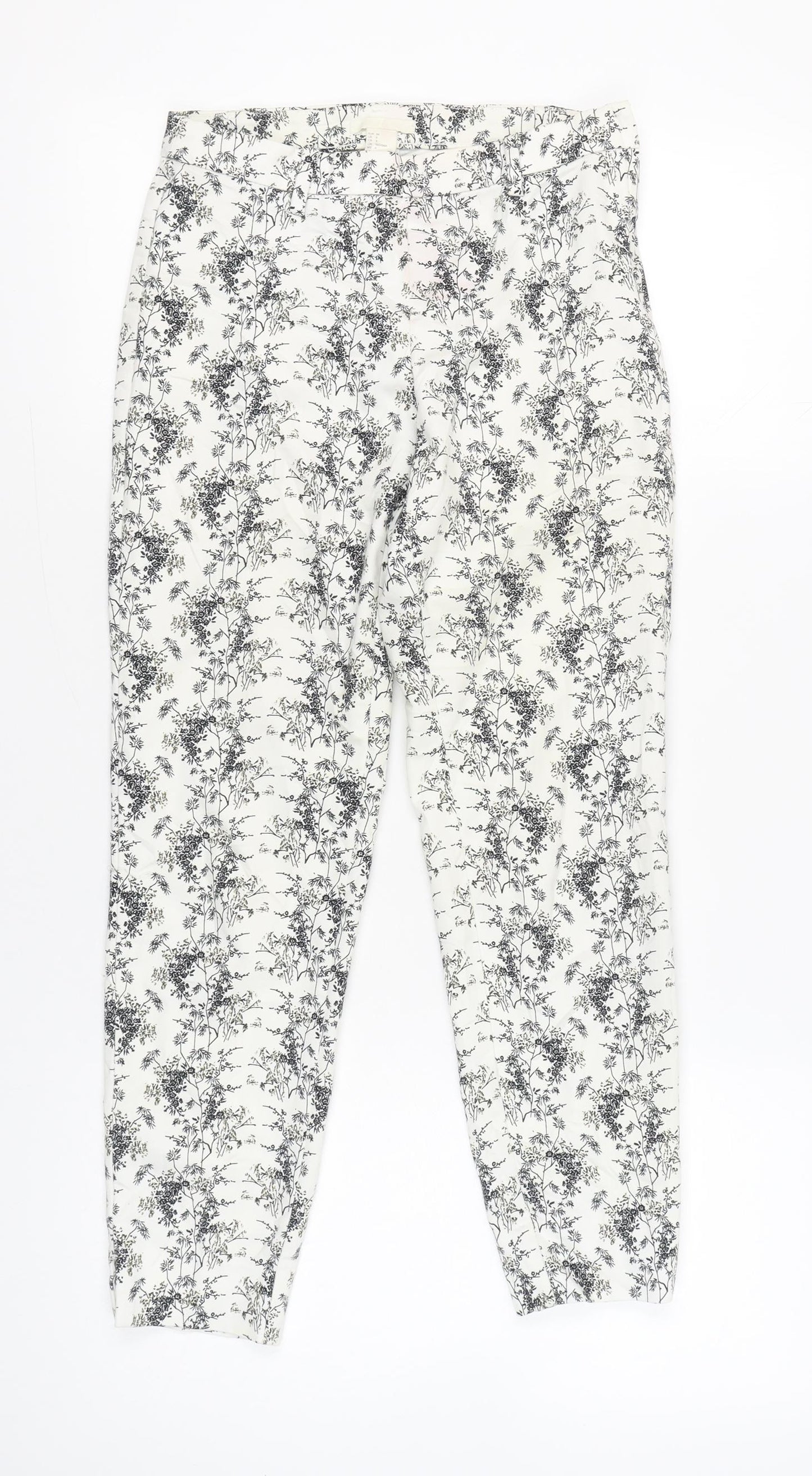 H&M Women's White Floral Slim Fit Cotton Blend Trousers Size 6