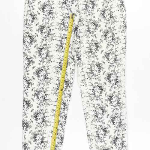 H&M Women's White Floral Slim Fit Cotton Blend Trousers Size 6
