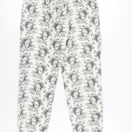 H&M Women's White Floral Slim Fit Cotton Blend Trousers Size 6