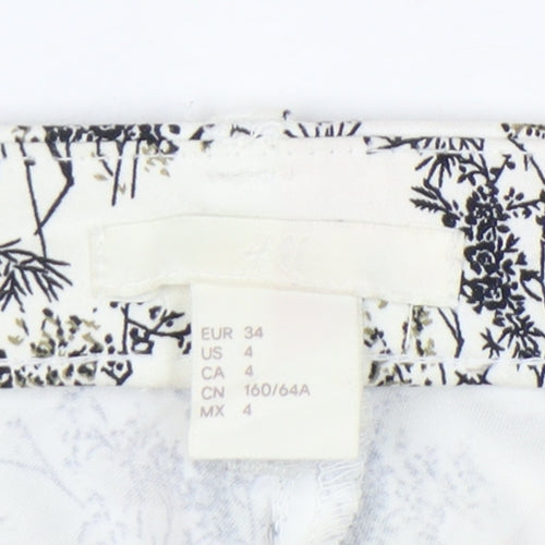 H&M Women's White Floral Slim Fit Cotton Blend Trousers Size 6
