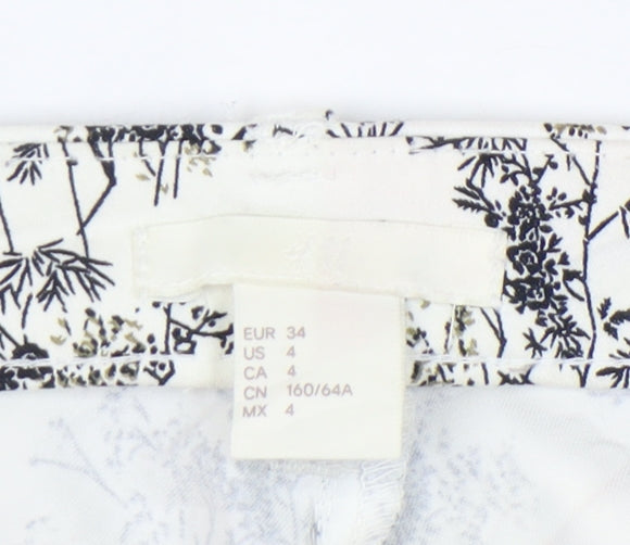 H&M Women's White Floral Slim Fit Cotton Blend Trousers Size 6