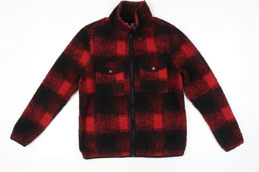 Front view of Topman Men’s Red Black Check Fleece Jacket, size S, 36"-38" Full Zip Casual