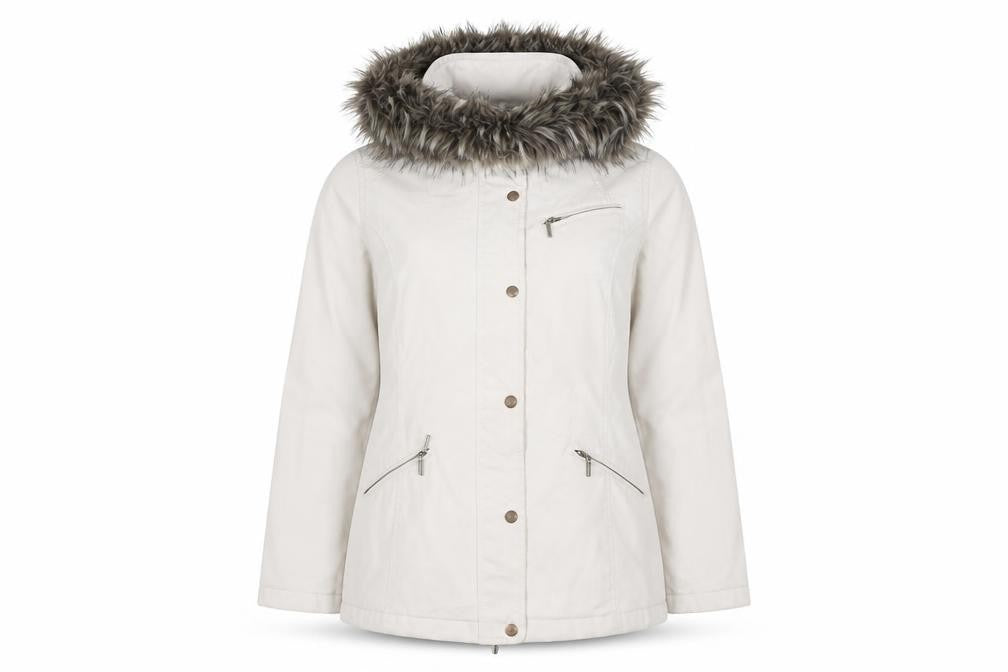 Front view of Weatherproof women’s white small mid-length hooded parka jacket