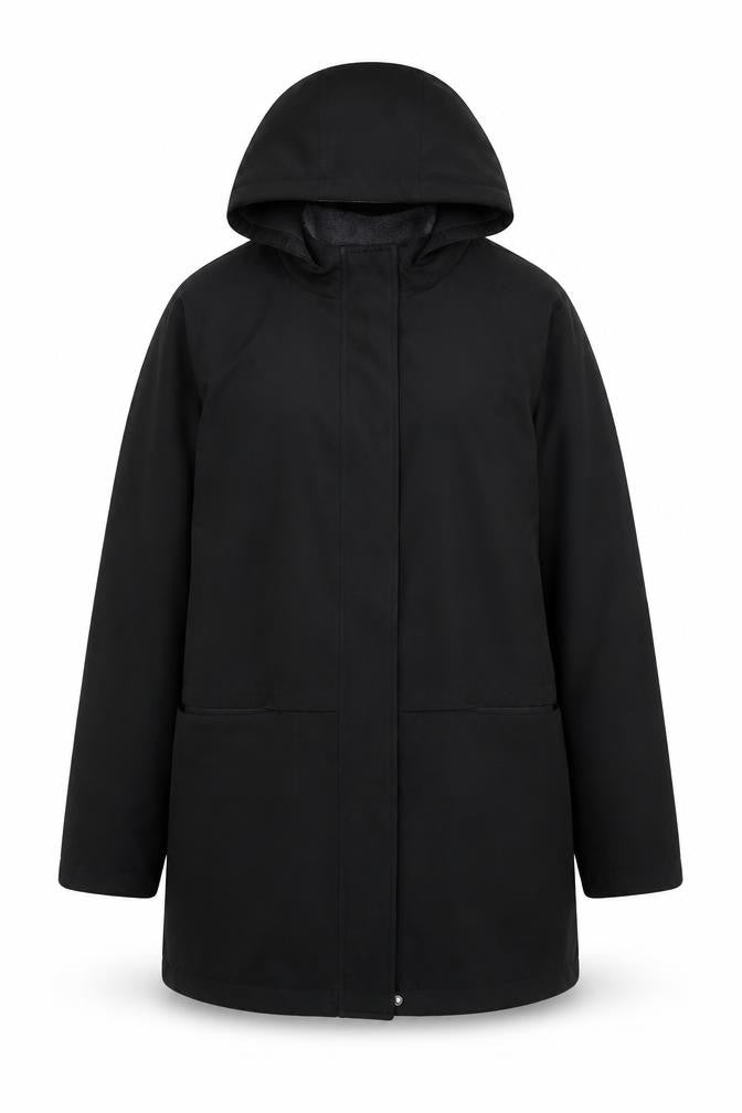 Front view of BHS women’s black polyester hooded parka coat, size UK 14, regular