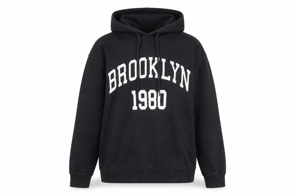 Front view of Zara Women Black Hoodie Sweatshirt, size 8, Brooklyn 1980 Pullover