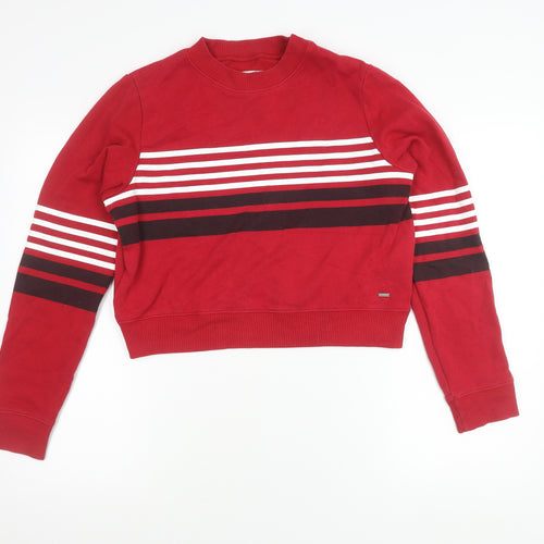 Hollister Women Red Striped Sweatshirt Medium Cotton Blend