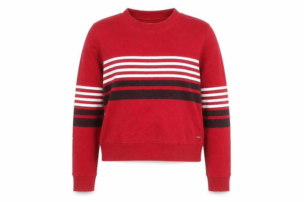 Front view of Hollister Women Red Striped Sweatshirt Medium Cotton Blend