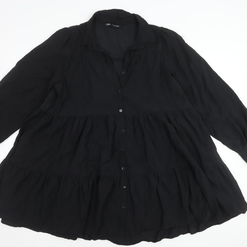 Zara Women Black Viscose Blend Collared Mini Shirt Dress Size 10