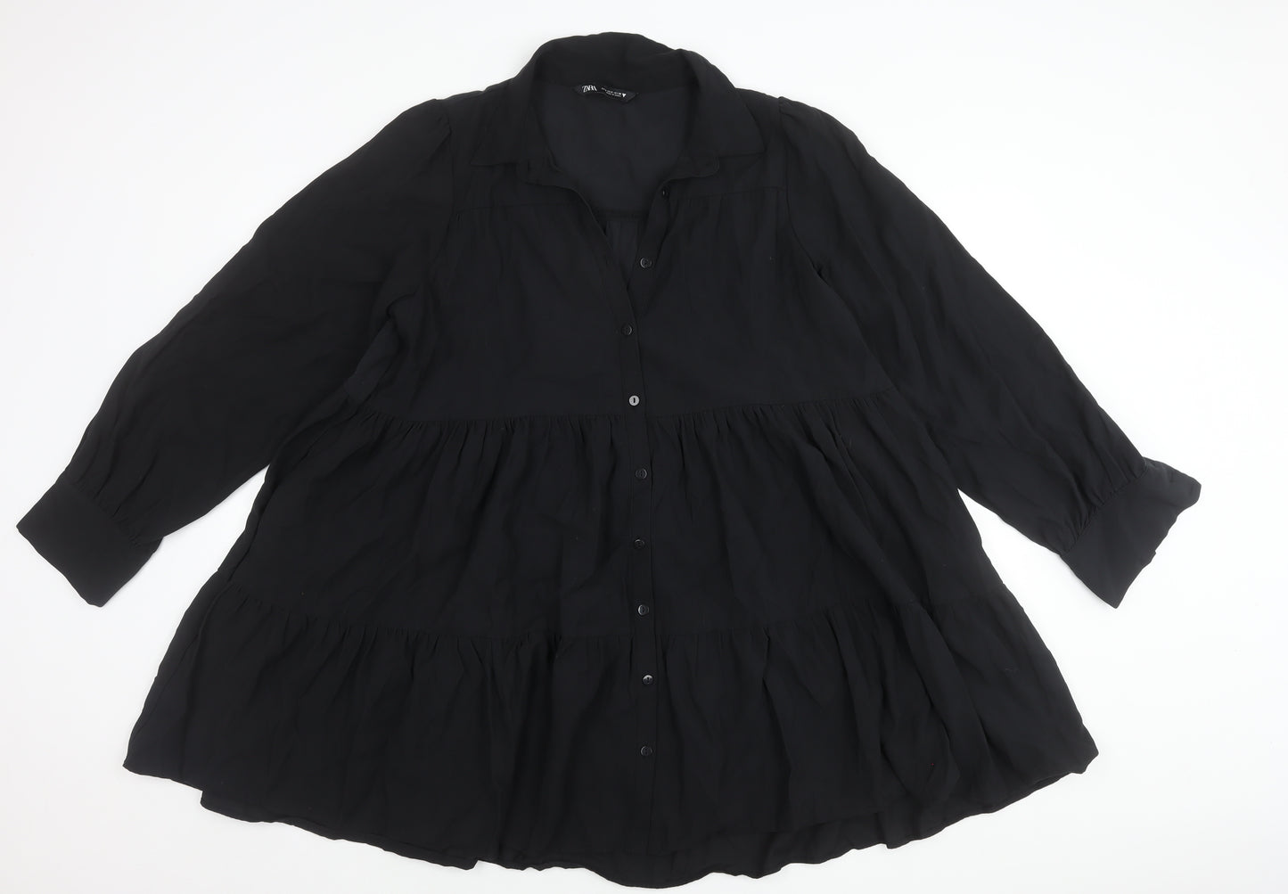 Zara Women Black Viscose Blend Collared Mini Shirt Dress Size 10
