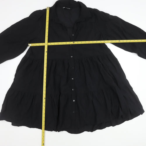 Zara Women Black Viscose Blend Collared Mini Shirt Dress Size 10