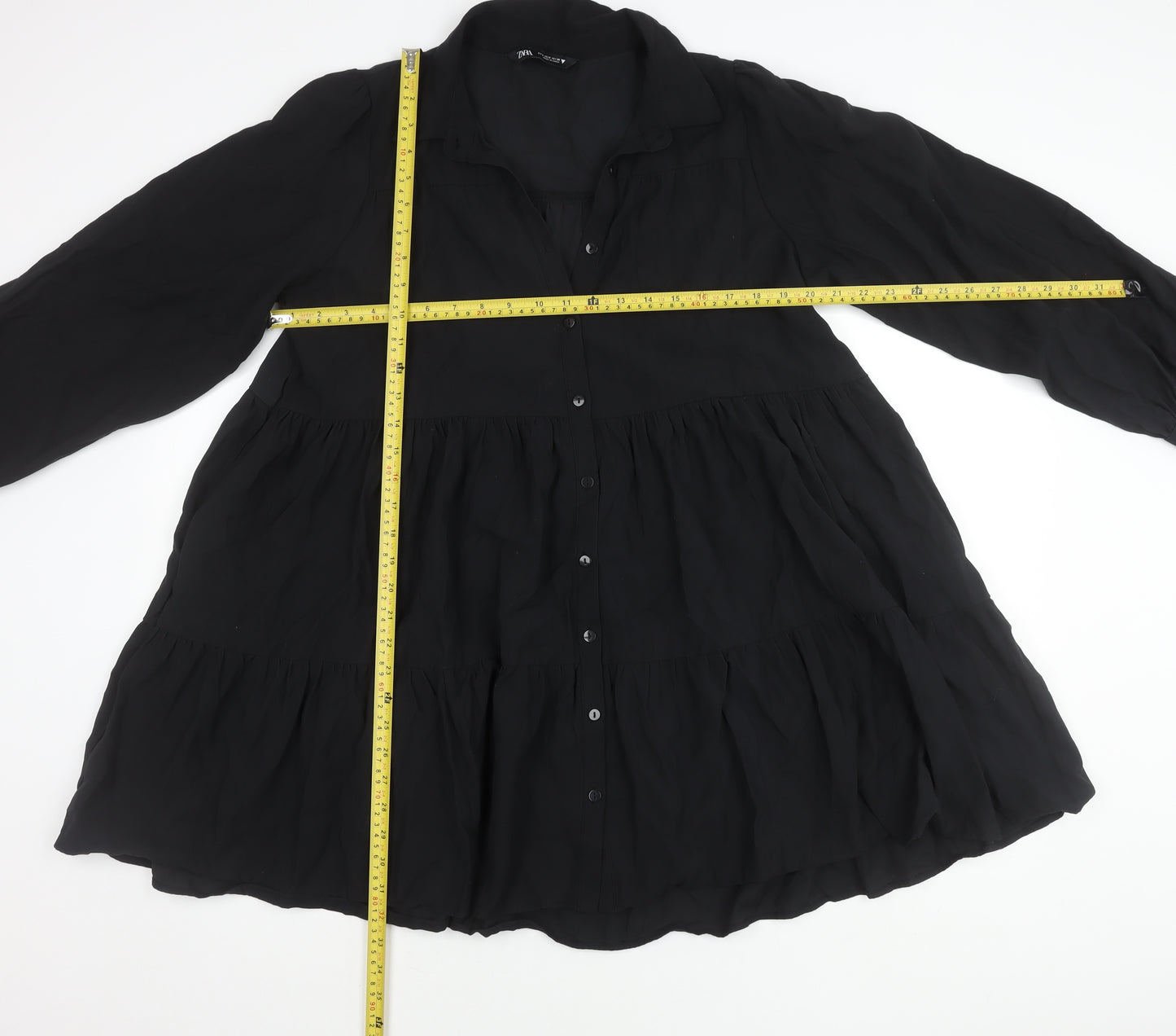 Zara Women Black Viscose Blend Collared Mini Shirt Dress Size 10