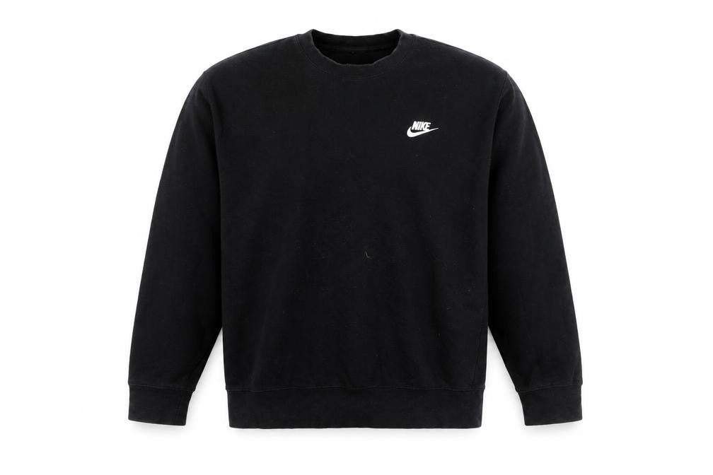 Front view of Nike men’s black m pullover crew neck sweatshirt logo sports