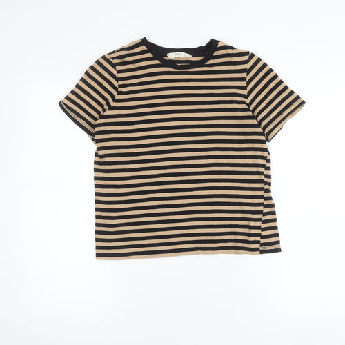 Mango Womens Black Beige Striped T-Shirt XS Crew Neck