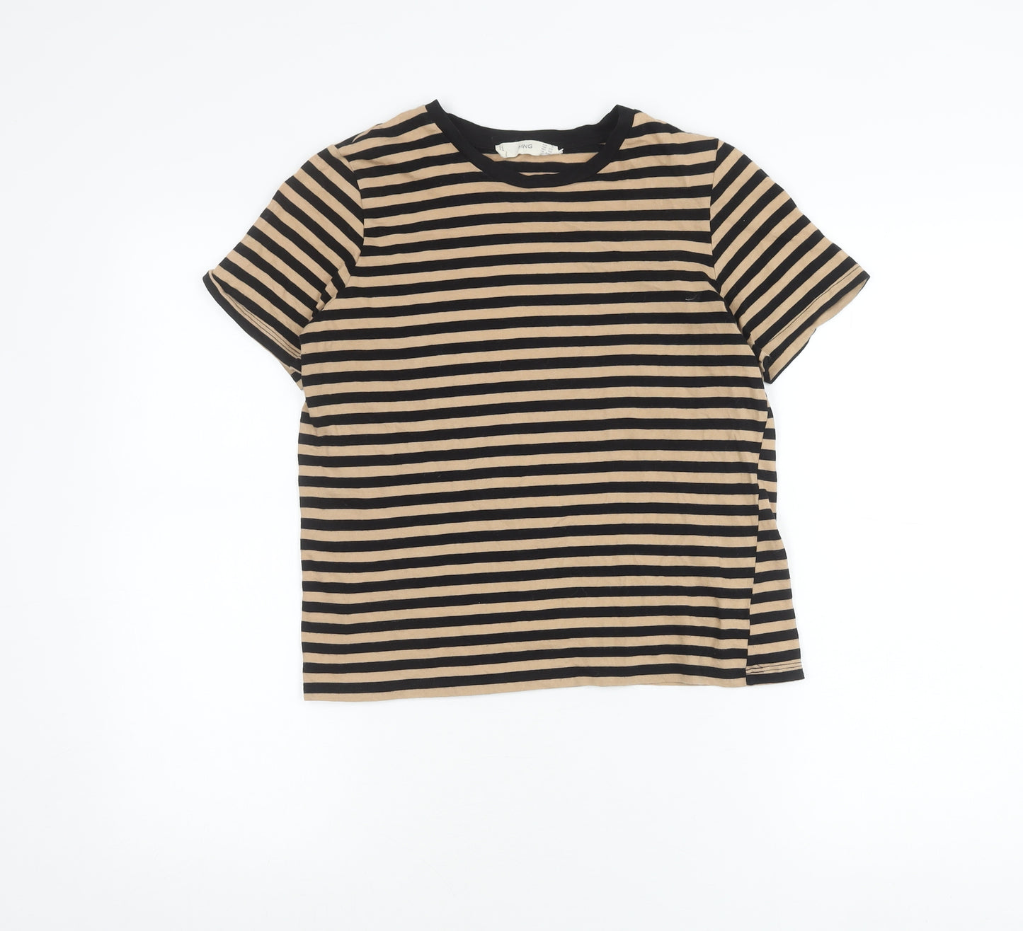 Mango Womens Black Beige Striped T-Shirt XS Crew Neck