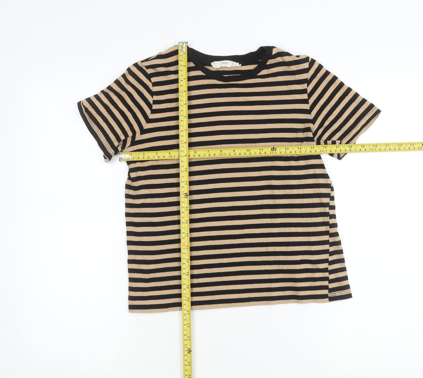 Mango Womens Black Beige Striped T-Shirt XS Crew Neck