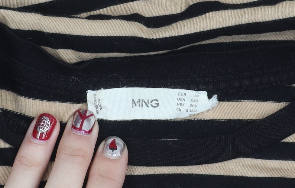 Mango Womens Black Beige Striped T-Shirt XS Crew Neck