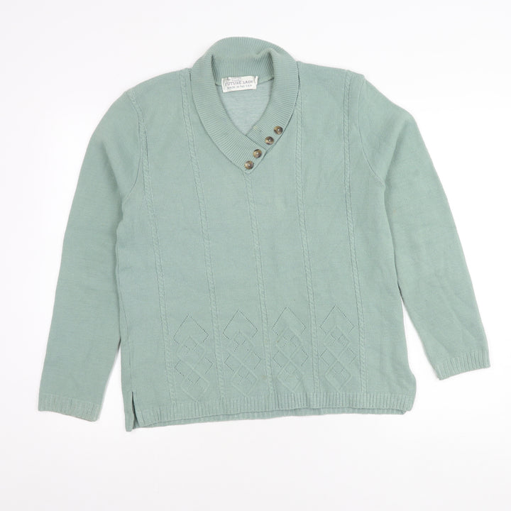 Future Lady Womens Green Henley Jumper M V-Neck Long Sleeve Knit
