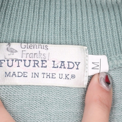 Future Lady Womens Green Henley Jumper M V-Neck Long Sleeve Knit