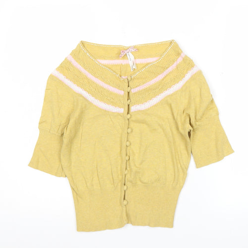Next Womens Yellow Cotton Cardigan Size 6 Short Sleeve Bow Detail