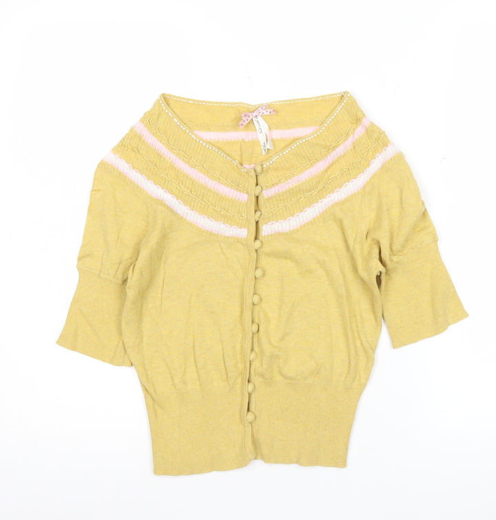 Next Womens Yellow Cotton Cardigan Size 6 Short Sleeve Bow Detail