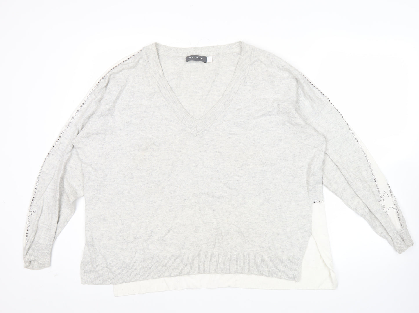 Mint Velvet Womens Grey L V-Neck Studded Pullover Jumper Long Sleeve