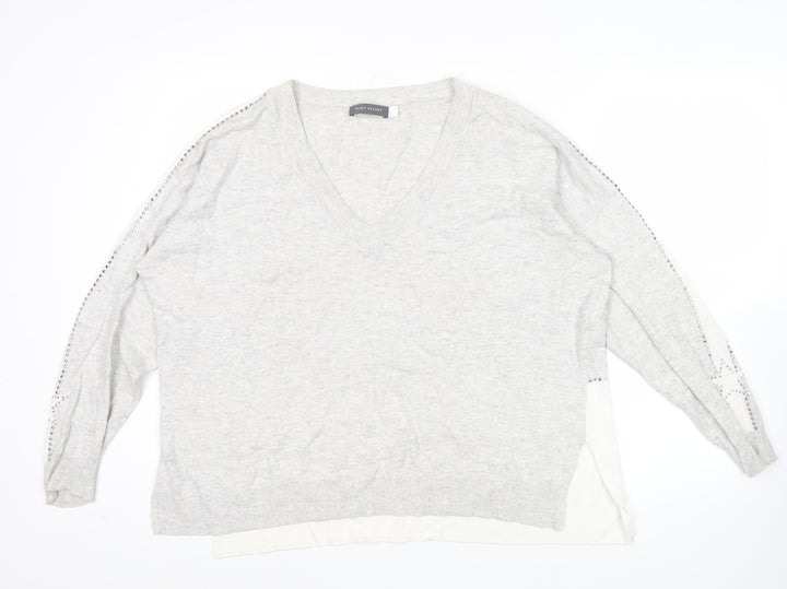 Mint Velvet Womens Grey L V-Neck Studded Pullover Jumper Long Sleeve