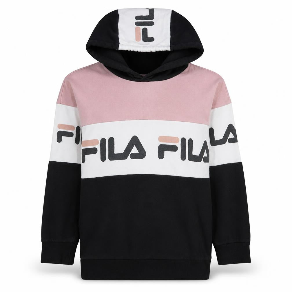 Front view of Fila women’s 2xs black pink white pullover hoodie colourblock logo