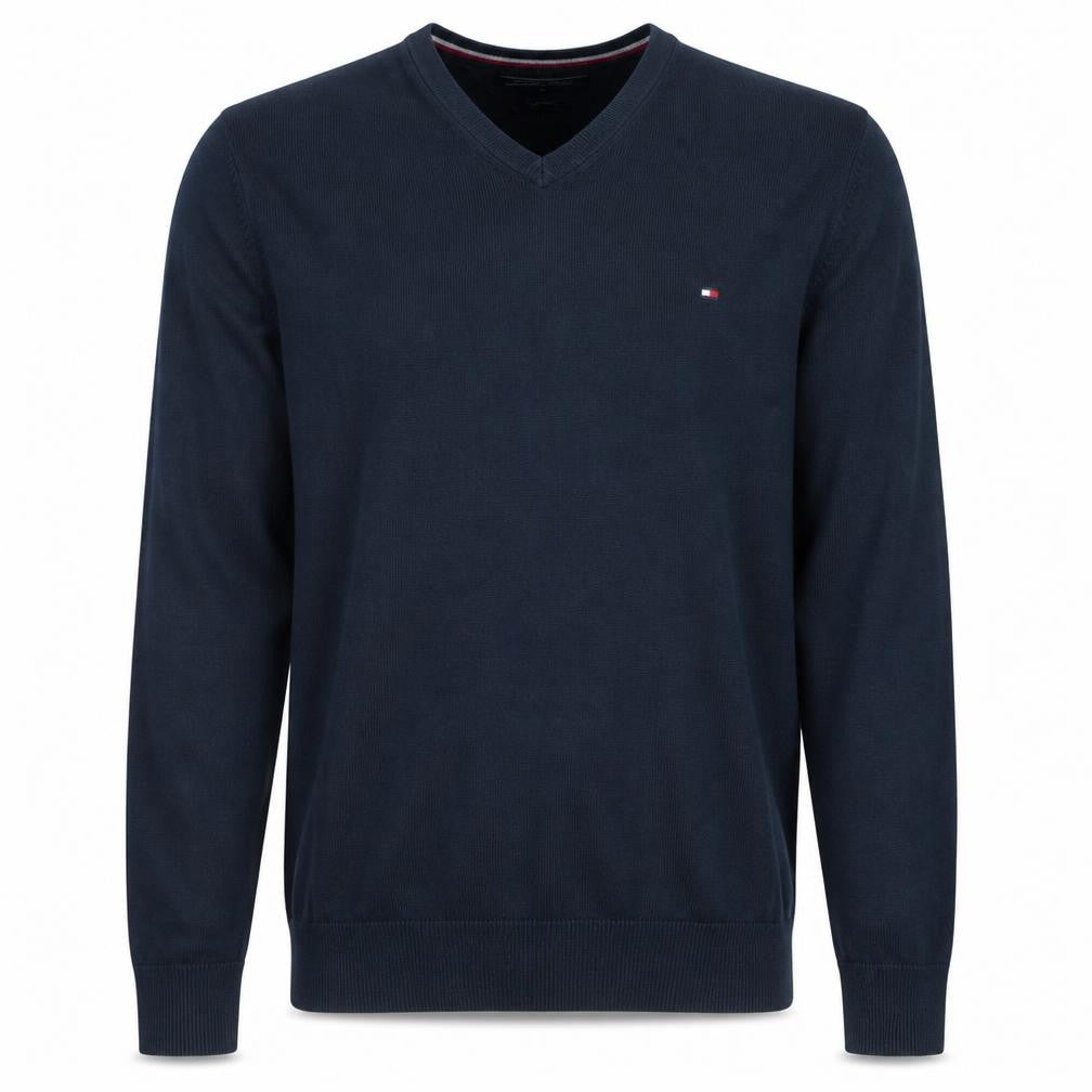 Front view of Tommy Hilfiger Men’s Blue Cotton Silk V-Neck Jumper M