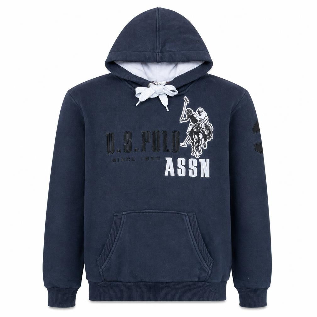 Front view of U.S. Polo Assn. Men's Blue Pullover Hoodie, size M, Embroidered Logo