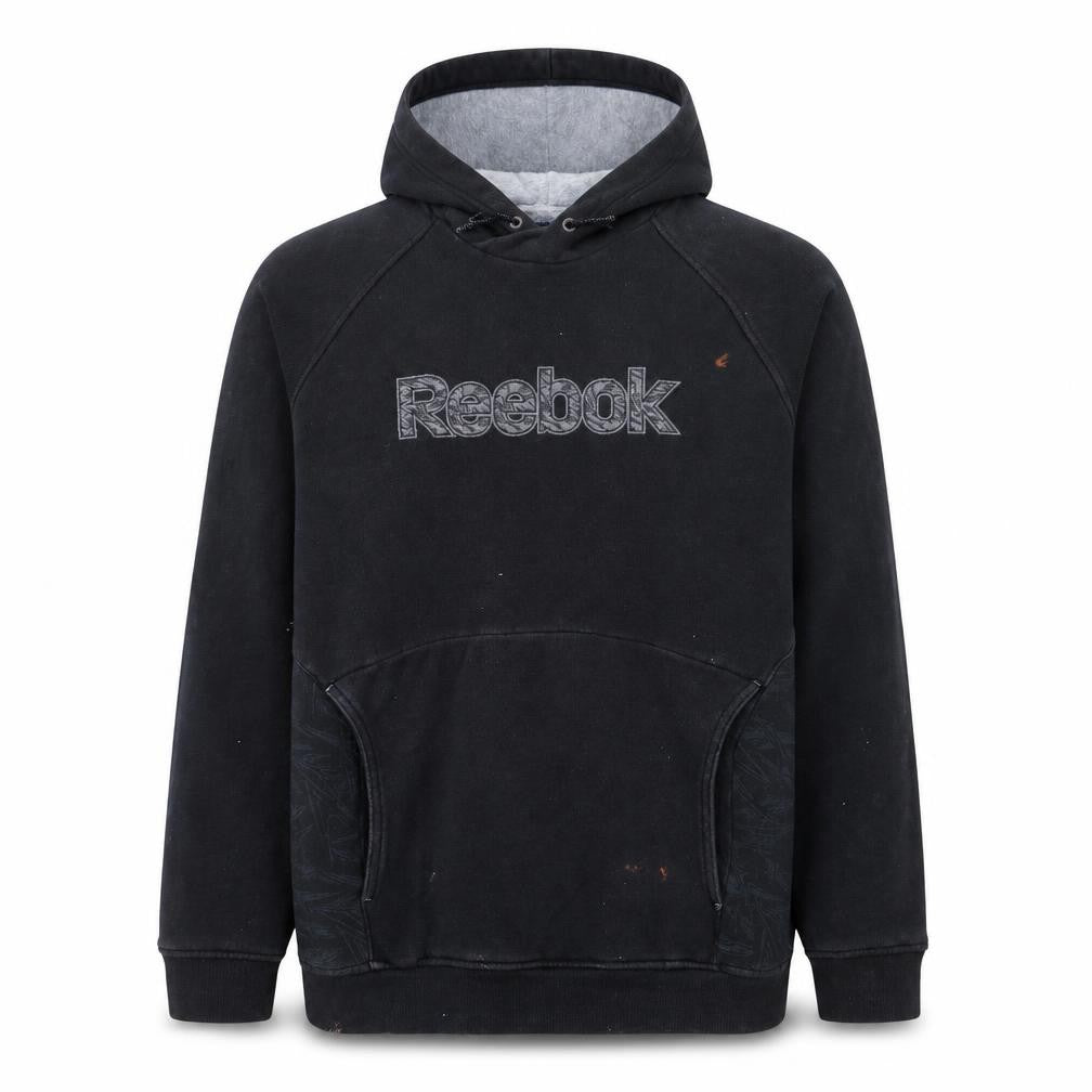 Front view of Reebok Men’s Black Pullover Hoodie, size M, Logo Sportswear Jumper
