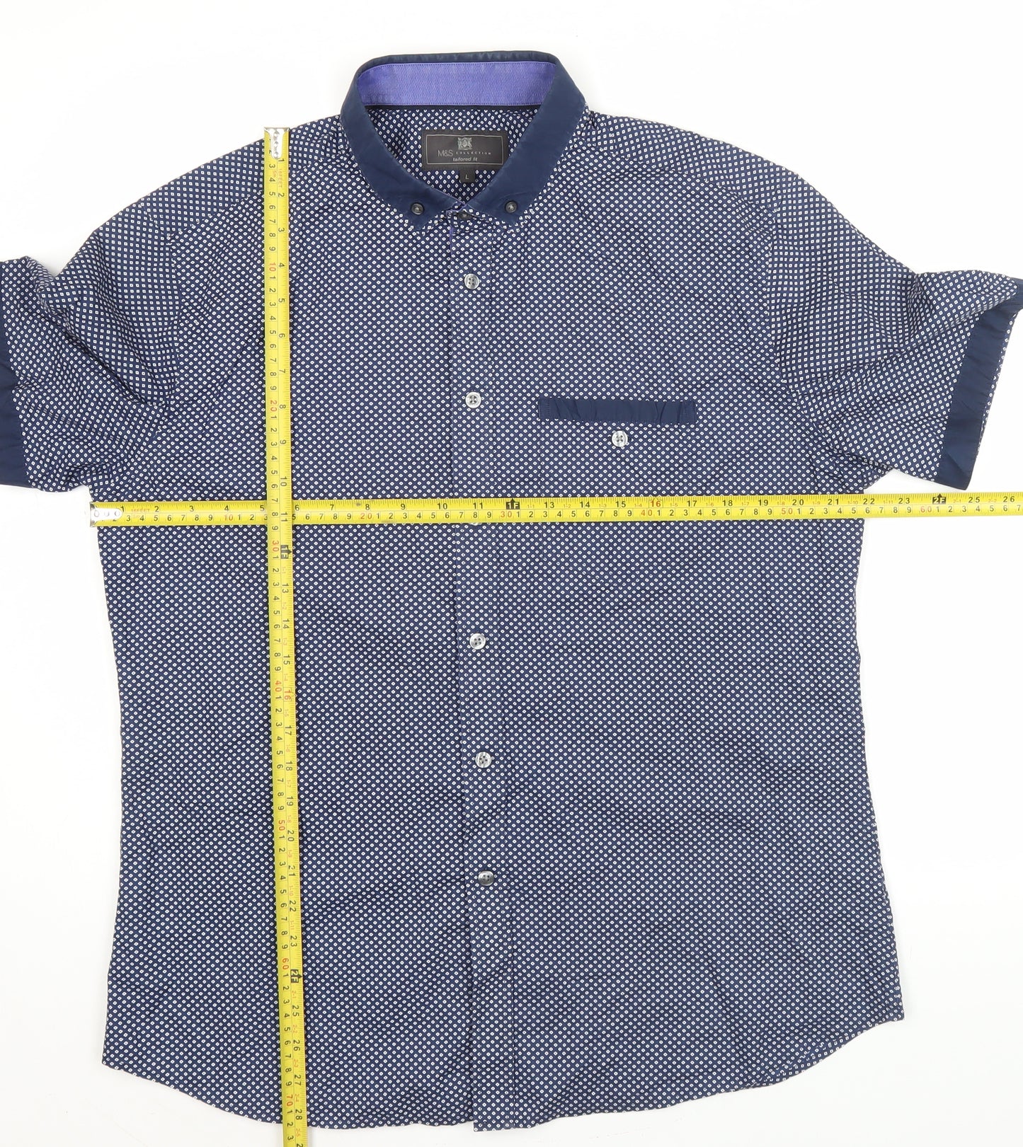 Marks and Spencer Men’s Blue Geometric Button-Up Shirt L Slim Fit
