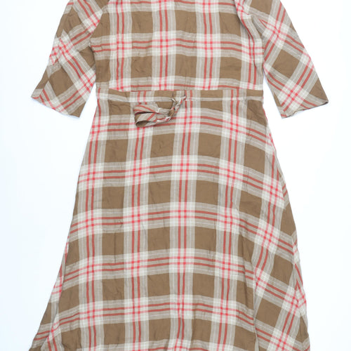 MNG Women’s Brown Check Midi Shirt Dress Size 10 3/4 Sleeve Cotton