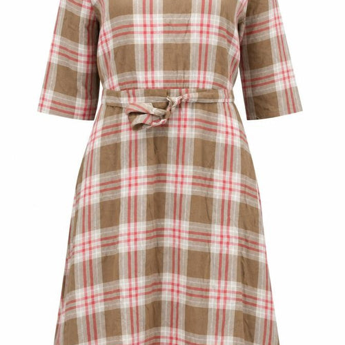 MNG Women’s Brown Check Midi Shirt Dress Size 10 3/4 Sleeve Cotton