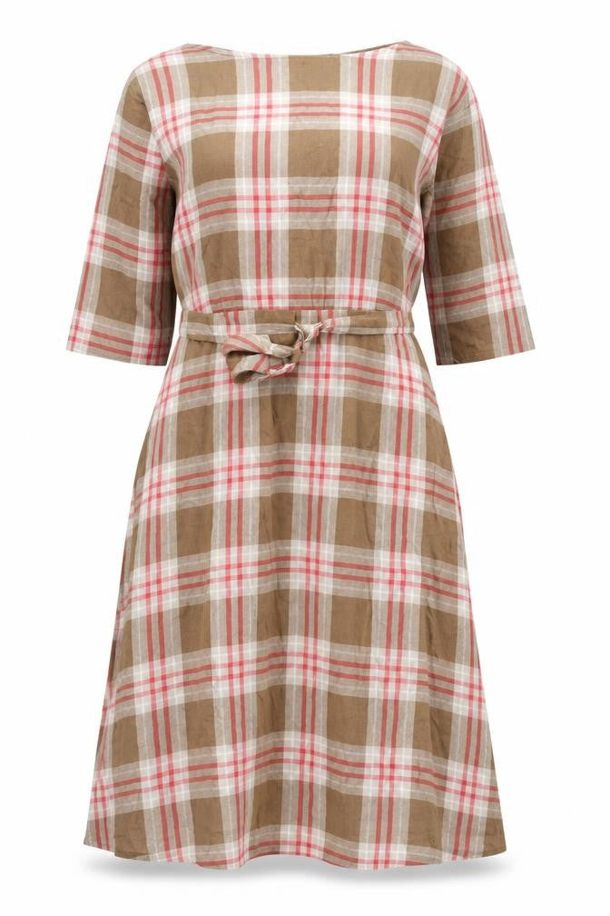MNG Women’s Brown Check Midi Shirt Dress Size 10 3/4 Sleeve Cotton
