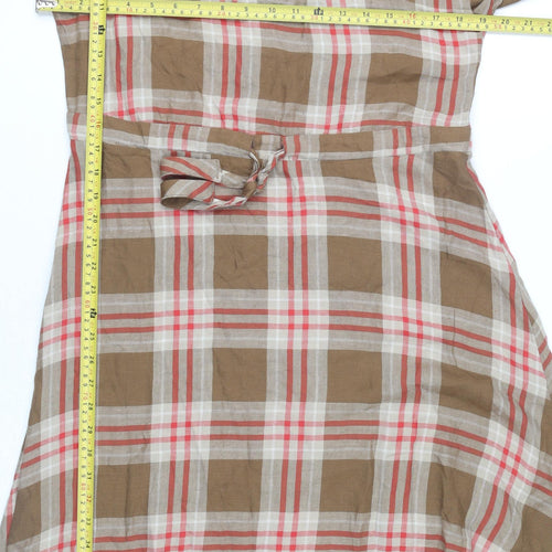 MNG Women’s Brown Check Midi Shirt Dress Size 10 3/4 Sleeve Cotton