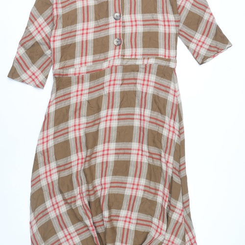MNG Women’s Brown Check Midi Shirt Dress Size 10 3/4 Sleeve Cotton