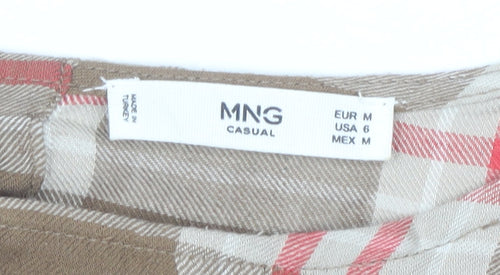 MNG Women’s Brown Check Midi Shirt Dress Size 10 3/4 Sleeve Cotton
