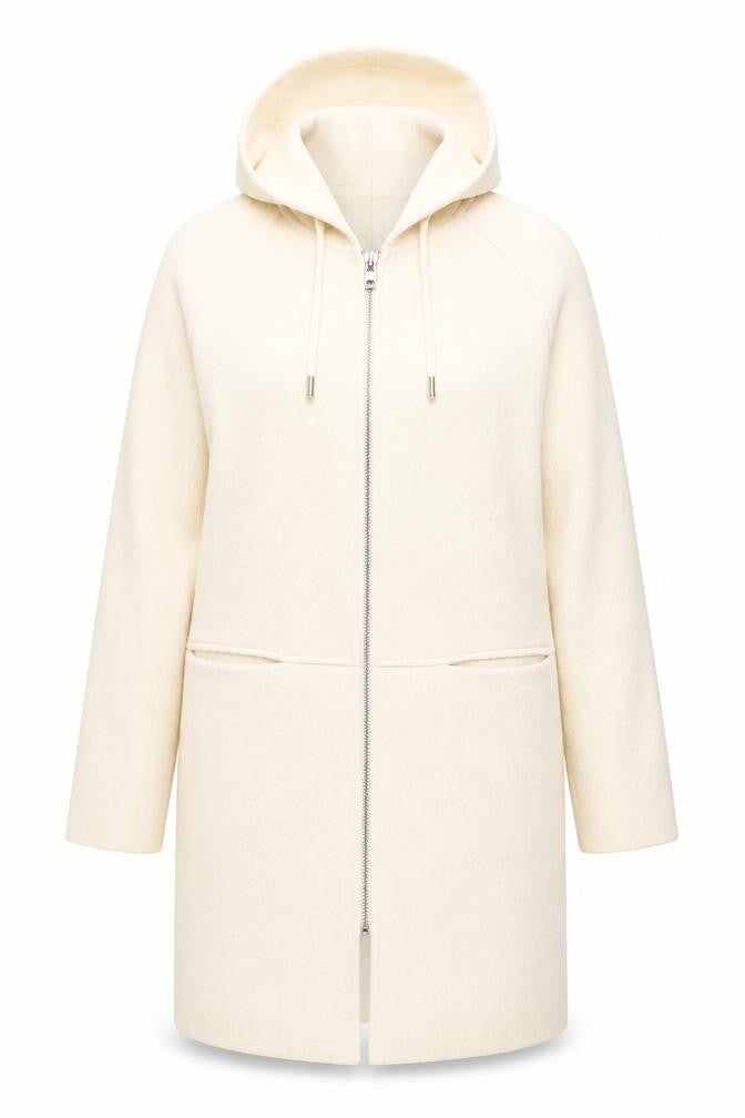 Front view of Ana Jakobs women’s ivory hooded mid-length coat, size UK 10