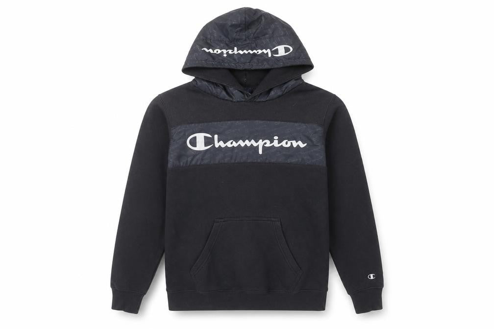 Front view of Champion Men’s Black Pullover Hoodie XS Logo Sportswear
