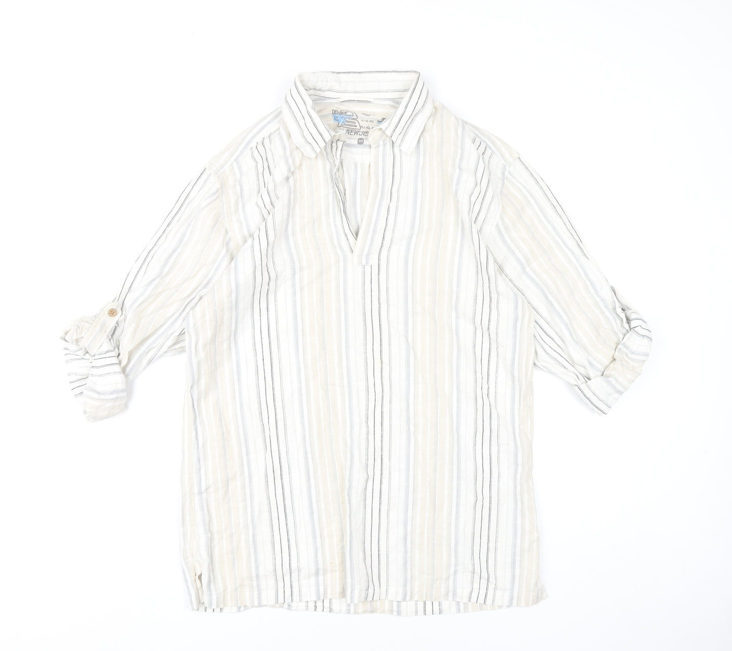 Denim 73 Mens Beige Striped Cotton Casual 3/4 Sleeve Shirt M