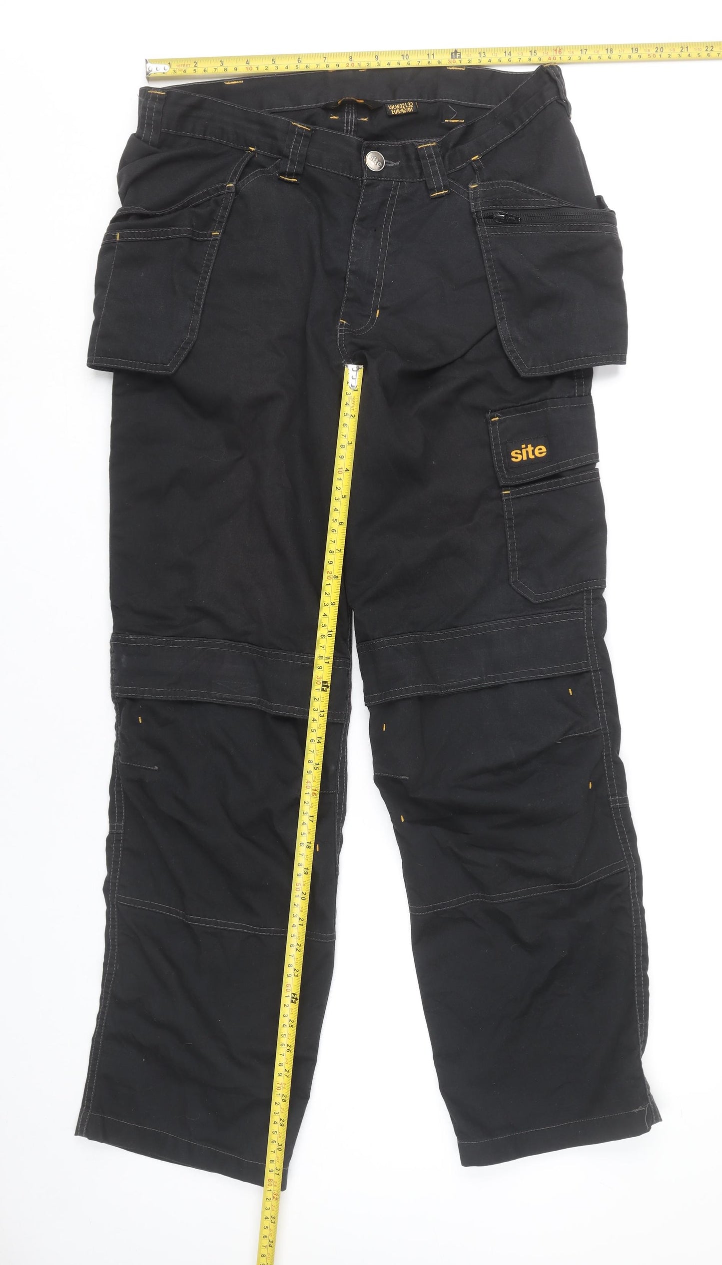 Site Men's Black Cargo Work Trousers W32 L32 Polyester Cotton