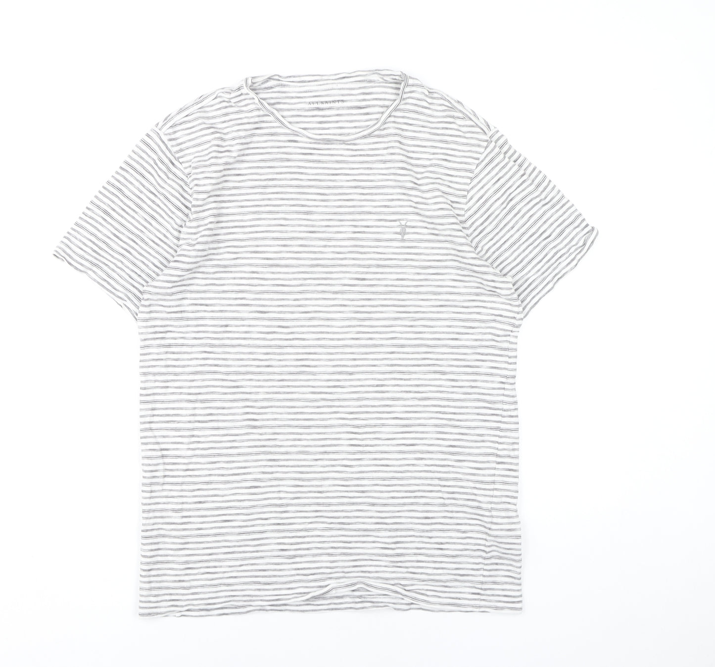 AllSaints Men Grey Striped Crew Neck T-Shirt Size S Slim Fit