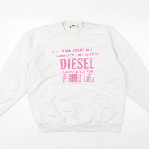 Diesel Unisex White Cotton Pullover Sweatshirt L Logo Graphic