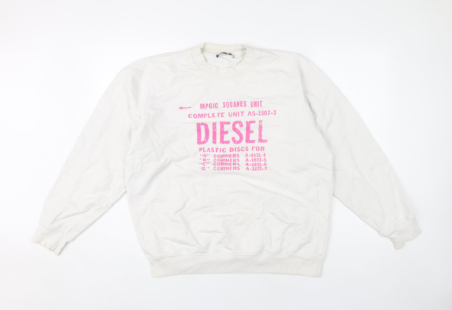 Diesel Unisex White Cotton Pullover Sweatshirt L Logo Graphic