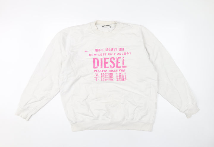 Diesel Unisex White Cotton Pullover Sweatshirt L Logo Graphic