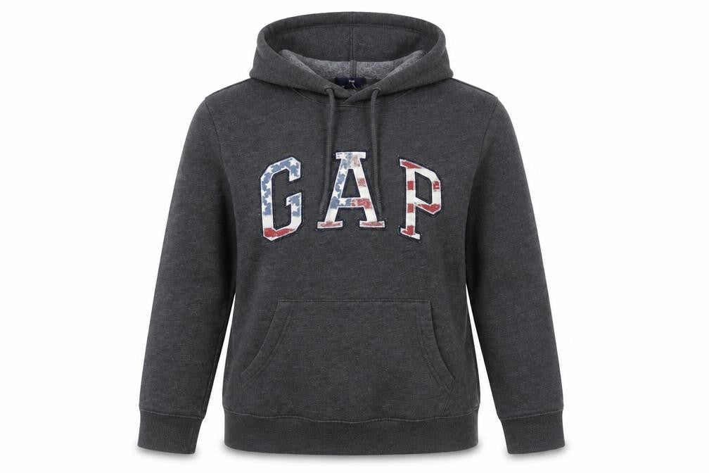 Front view of Gap women’s dark grey hoodie small pullover logo cotton blend